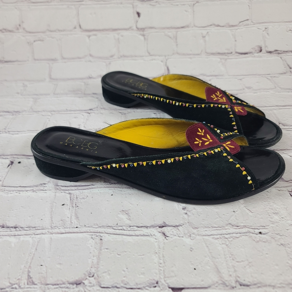 BCBG MaxAzria Women's 39UK Black Suede Embroidered Slides Sandals Morocc…